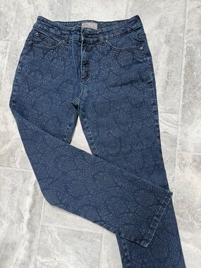 Chico's Women's Navy Blue Straight-Leg Jeans with Subtle Floral Print